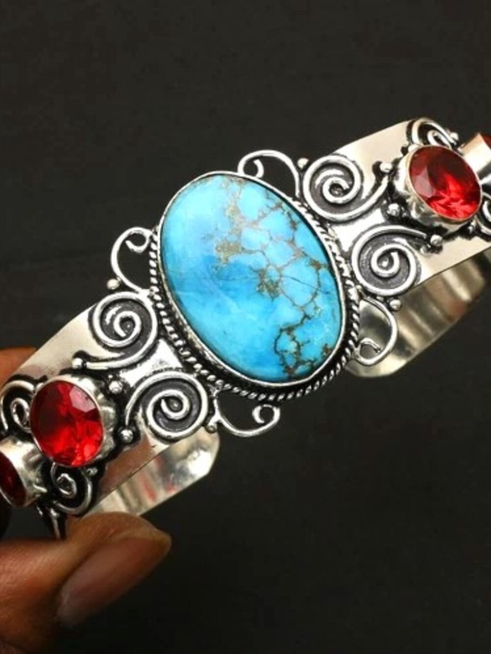 Turquoise Garnet Gemstone Sterling Silver Adjustable Bangle 30 Gms